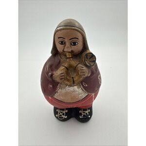 Vintage Chulucanas Peruvian Folk Art Clay Figure Playing Horned Instrument